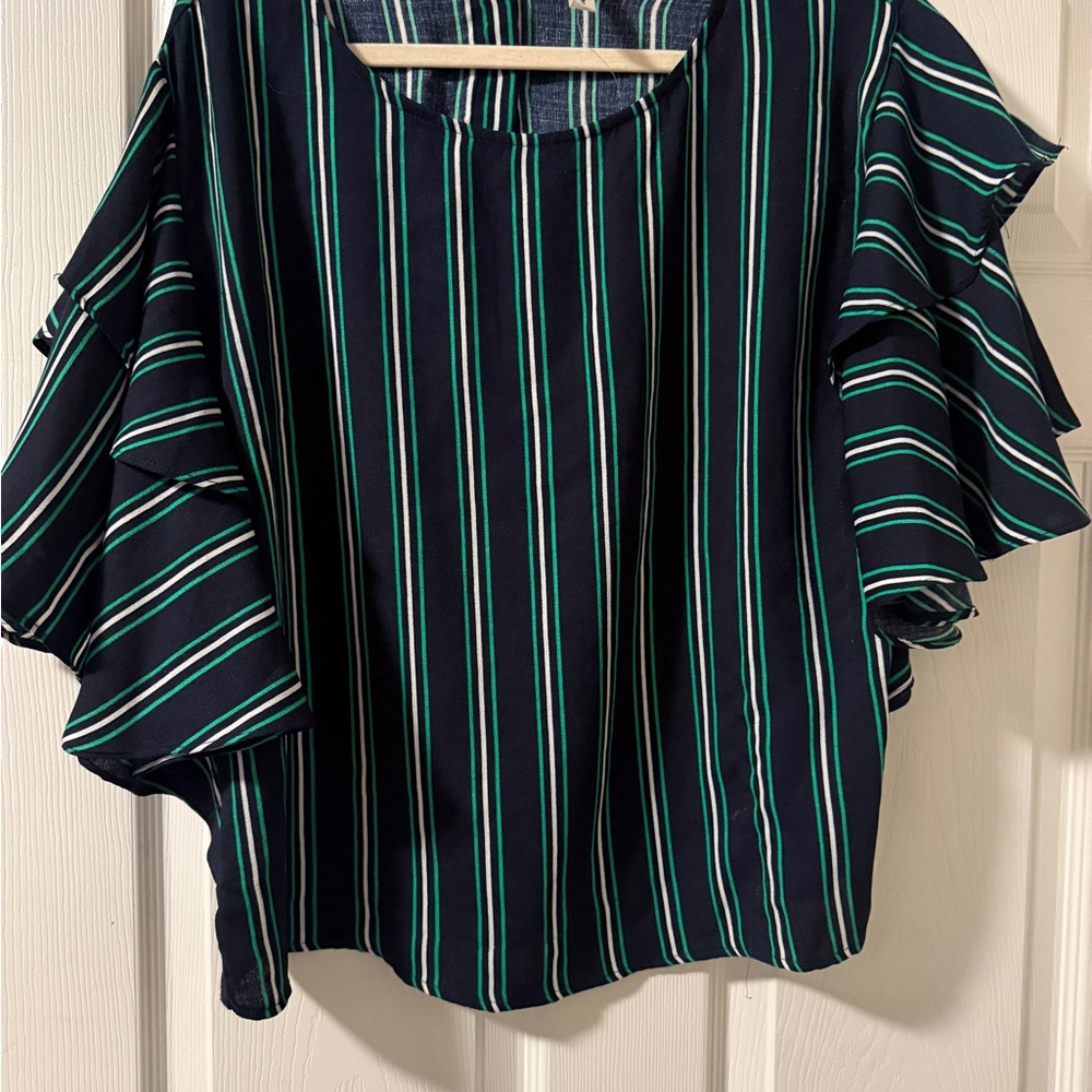 PerSeption Concept Navy Striped Ruffle Sleeve Blouse
